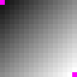 Pixels of dem_nan_nodata_small, a 16x16 raster, with NoData in magenta