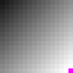 Pixels of dem_small, a 16x16 raster, with NoData in magenta