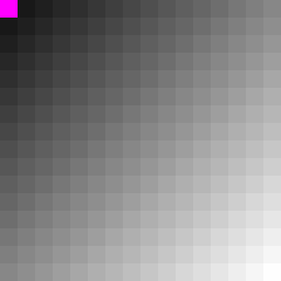 Pixels of ndvi_scaled_int16_small, a 16x16 raster, with NoData in magenta
