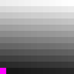 Pixels of rotated_bottom_up_small, a 12x12 raster, with NoData in magenta